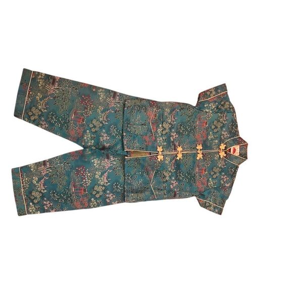 Kids Size 4 DACHUNG HWA Turquoise Silk Dragon Pajama Set Chinese Frog Buttons - Picture 5 of 12